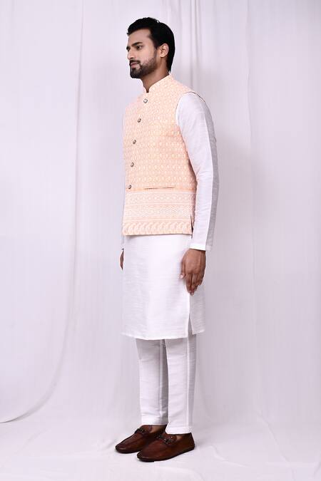 Shop_Arihant Rai Sinha_Orange Cotton Embroidery Bundi Jacket _Online_at_Aza_Fashions