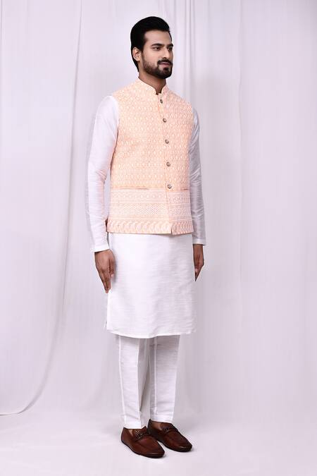 Arihant Rai Sinha_Orange Cotton Embroidery Bundi Jacket _at_Aza_Fashions