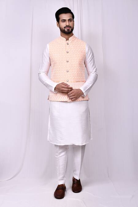 Buy_Arihant Rai Sinha_Orange Cotton Embroidery Bundi Jacket 