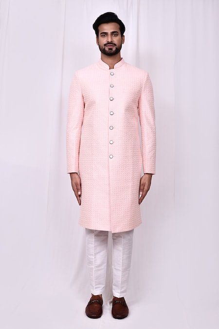 Arihant Rai Sinha_Pink Silk Embroidery Bloom Jaal Thread Work Sherwani With Pant Pyjama _Online_at_Aza_Fashions