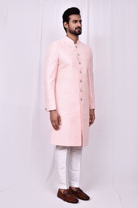 Buy_Arihant Rai Sinha_Pink Silk Embroidery Bloom Jaal Thread Work Sherwani With Pant Pyjama 