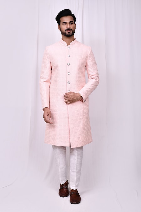 Shop_Arihant Rai Sinha_Pink Silk Embroidery Bloom Jaal Thread Work Sherwani With Pant Pyjama 
