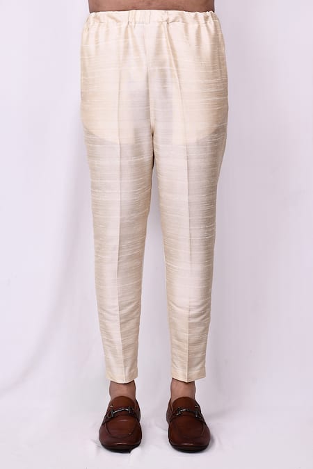 Arihant Rai Sinha_Beige Silk Sequins Embroidered Band Collar Kurta With Pant Pyjama _Online_at_Aza_Fashions