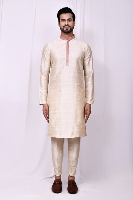 Buy_Arihant Rai Sinha_Beige Silk Sequins Embroidered Band Collar Kurta With Pant Pyjama _Online_at_Aza_Fashions