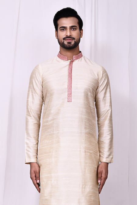 Shop_Arihant Rai Sinha_Beige Silk Sequins Embroidered Band Collar Kurta With Pant Pyjama _Online_at_Aza_Fashions