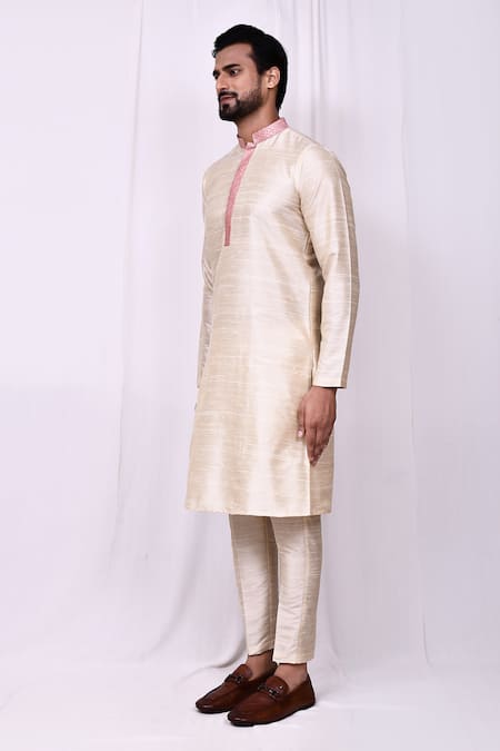 Arihant Rai Sinha_Beige Silk Sequins Embroidered Band Collar Kurta With Pant Pyjama _at_Aza_Fashions