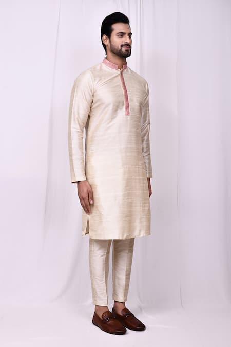 Buy_Arihant Rai Sinha_Beige Silk Sequins Embroidered Band Collar Kurta With Pant Pyjama 