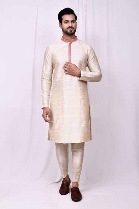 Shop_Arihant Rai Sinha_Beige Silk Sequins Embroidered Band Collar Kurta With Pant Pyjama 