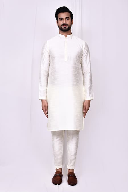 Buy_Arihant Rai Sinha_Cream Silk Embroidery Blossom Band Collar Kurta With Pant Pyjama _Online_at_Aza_Fashions