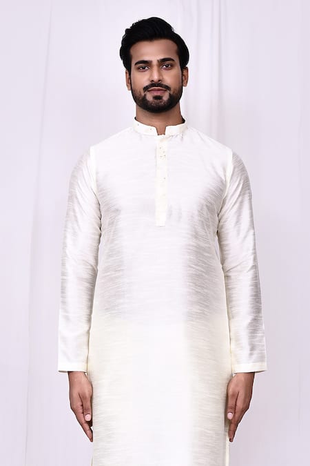 Shop_Arihant Rai Sinha_Cream Silk Embroidery Blossom Band Collar Kurta With Pant Pyjama _Online_at_Aza_Fashions