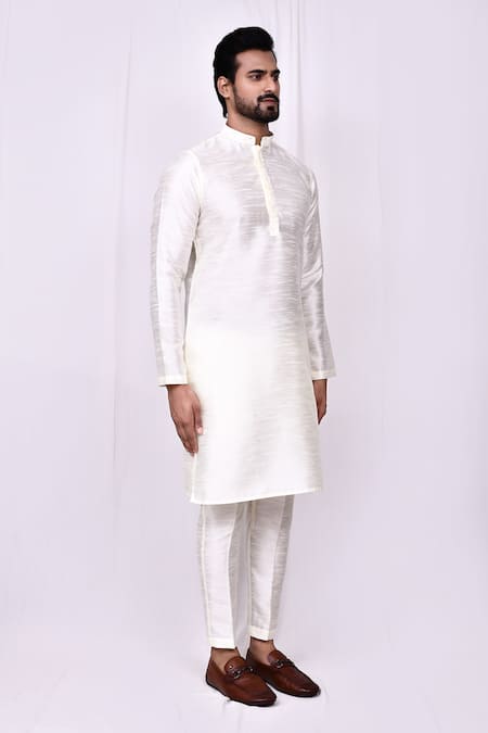 Buy_Arihant Rai Sinha_Cream Silk Embroidery Blossom Band Collar Kurta With Pant Pyjama 