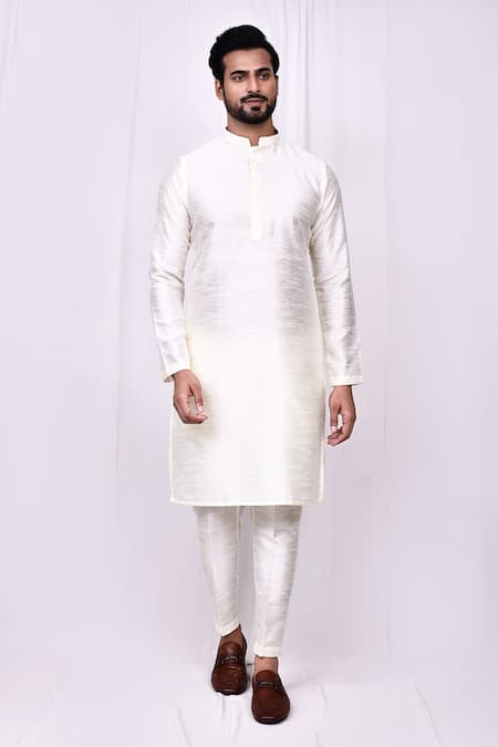 Shop_Arihant Rai Sinha_Cream Silk Embroidery Blossom Band Collar Kurta With Pant Pyjama 