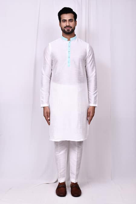 Buy_Arihant Rai Sinha_White Silk Embroidery Floral Band Collar Kurta With Pant Pyjama _Online_at_Aza_Fashions