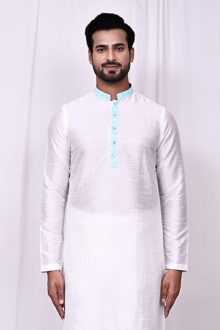 Shop_Arihant Rai Sinha_White Silk Embroidery Floral Band Collar Kurta With Pant Pyjama _Online_at_Aza_Fashions