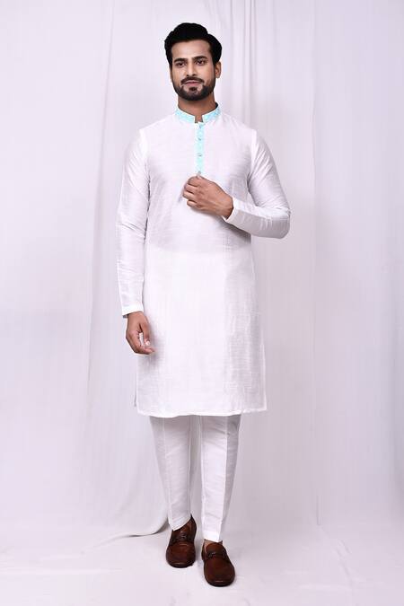 Shop_Arihant Rai Sinha_White Silk Embroidery Floral Band Collar Kurta With Pant Pyjama 