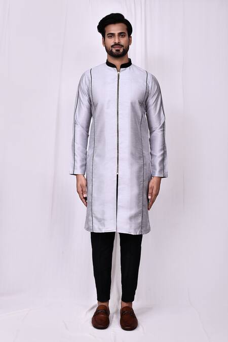Buy_Arihant Rai Sinha_Grey Silk Embroidery Front Zip Detail Kurta With Pant Pyjama _Online_at_Aza_Fashions