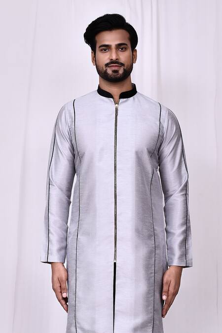 Shop Arihant Rai Sinha Grey Silk Embroidery Front Zip Detail Kurta With Pant Pyjama Online at Aza Fashions Shop_Arihant Rai Sinha_Grey Silk Embroidery Front Zip Detail Kurta With Pant Pyjama _Online_at_Aza_Fashions