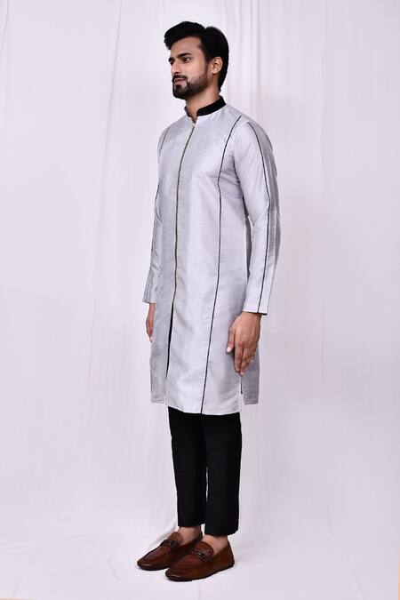 Arihant Rai Sinha_Grey Silk Embroidery Front Zip Detail Kurta With Pant Pyjama _at_Aza_Fashions