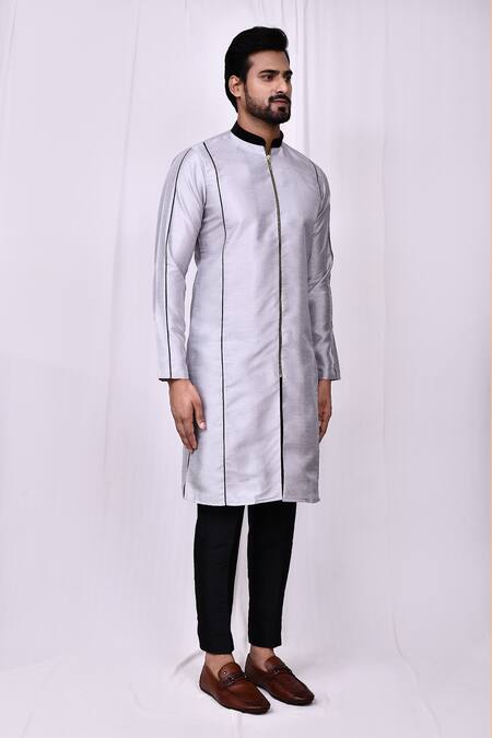 Buy_Arihant Rai Sinha_Grey Silk Embroidery Front Zip Detail Kurta With Pant Pyjama 