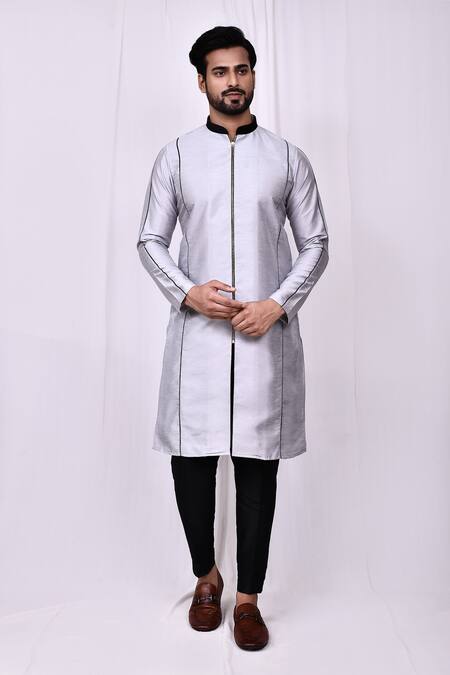 Shop_Arihant Rai Sinha_Grey Silk Embroidery Front Zip Detail Kurta With Pant Pyjama 