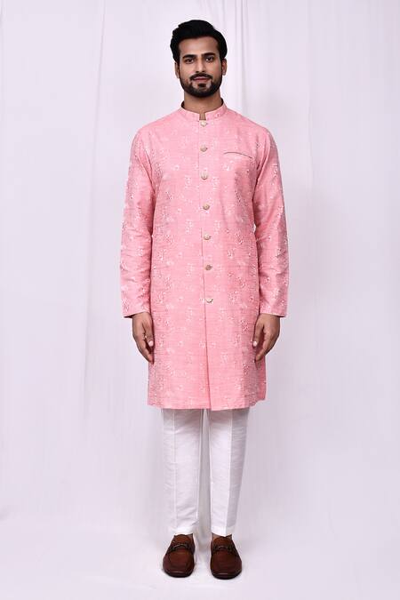 Buy_Arihant Rai Sinha_Pink Cotton, Silk Embroidery Blossom Print Sherwani With Pant Pyjama _Online_at_Aza_Fashions