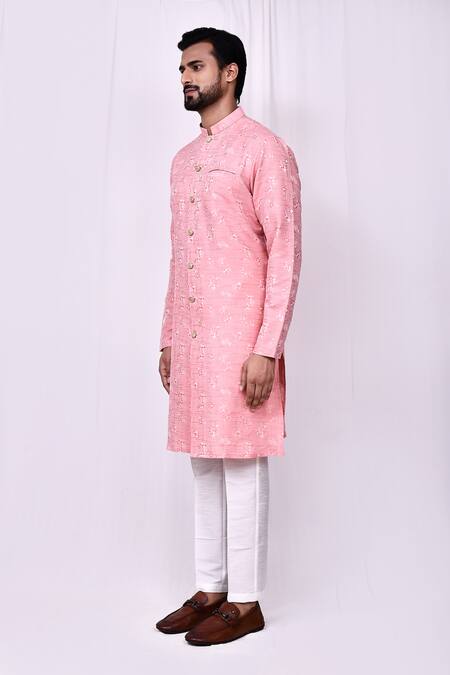 Shop_Arihant Rai Sinha_Pink Cotton, Silk Embroidery Blossom Print Sherwani With Pant Pyjama _Online_at_Aza_Fashions