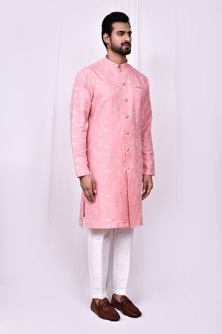 Arihant Rai Sinha_Pink Cotton, Silk Embroidery Blossom Print Sherwani With Pant Pyjama _at_Aza_Fashions