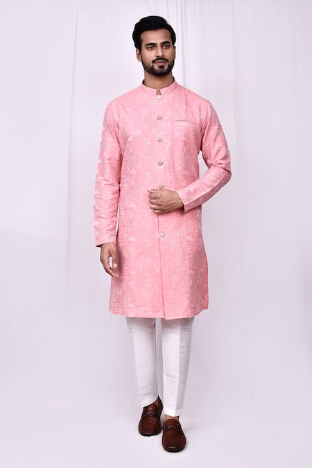 Buy_Arihant Rai Sinha_Pink Cotton, Silk Embroidery Blossom Print Sherwani With Pant Pyjama 