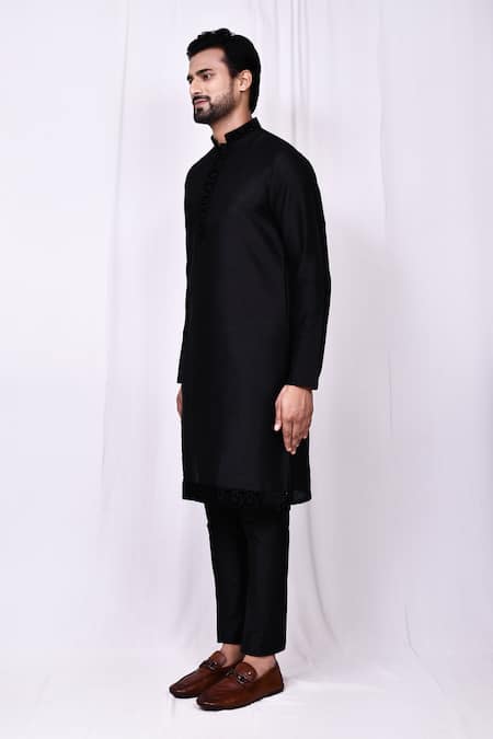 Shop_Arihant Rai Sinha_Black Silk, Polyester Embroidery Flora Band Collar Kurta With Pant Pyjama _Online_at_Aza_Fashions