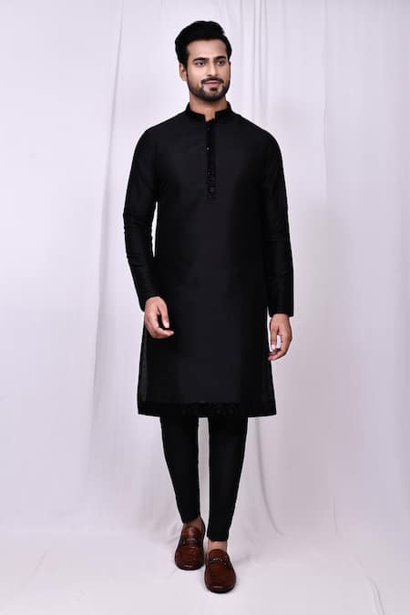 Buy_Arihant Rai Sinha_Black Silk, Polyester Embroidery Flora Band Collar Kurta With Pant Pyjama 