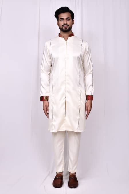 Buy_Arihant Rai Sinha_Cream Satin, Silk Embroidery Front Zip Detail Kurta With Pant Pyjama_Online_at_Aza_Fashions