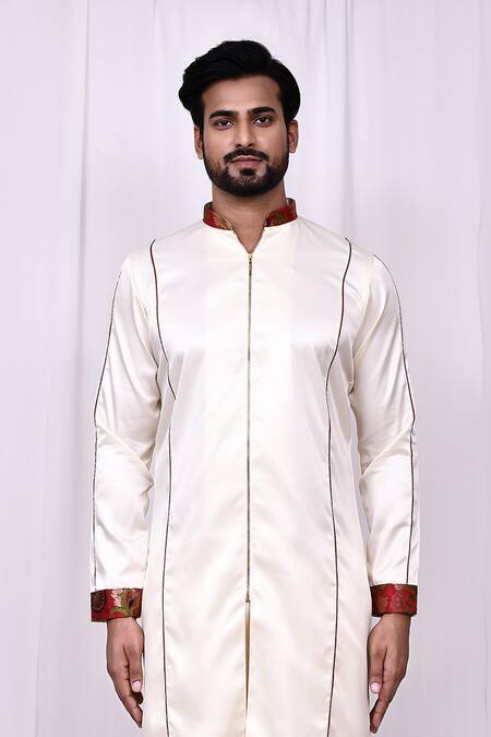 Shop_Arihant Rai Sinha_Cream Satin, Silk Embroidery Front Zip Detail Kurta With Pant Pyjama_Online_at_Aza_Fashions