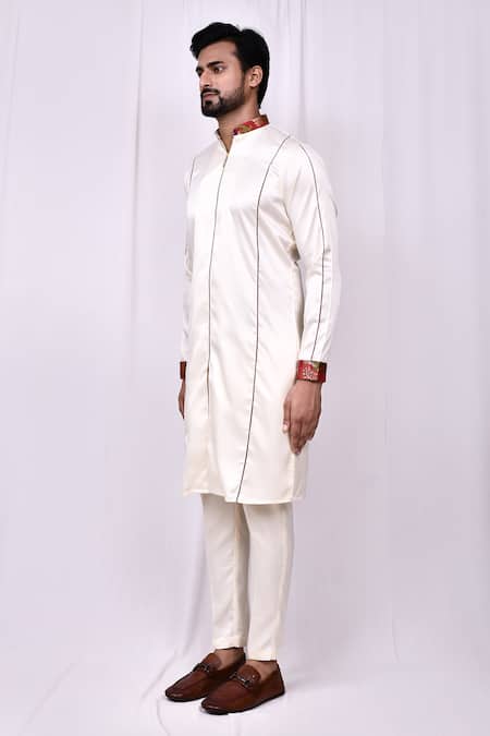 Arihant Rai Sinha_Cream Satin, Silk Embroidery Front Zip Detail Kurta With Pant Pyjama_at_Aza_Fashions