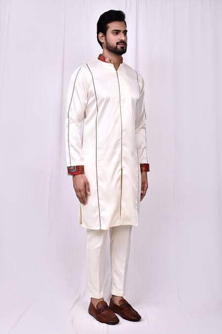 Buy_Arihant Rai Sinha_Cream Satin, Silk Embroidery Front Zip Detail Kurta With Pant Pyjama