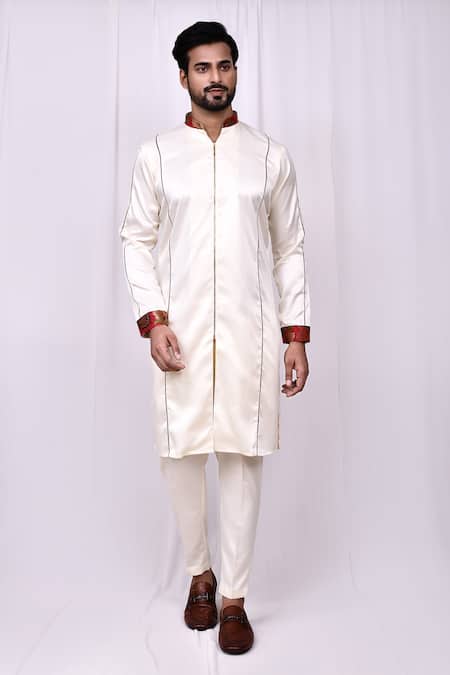 Shop_Arihant Rai Sinha_Cream Satin, Silk Embroidery Front Zip Detail Kurta With Pant Pyjama