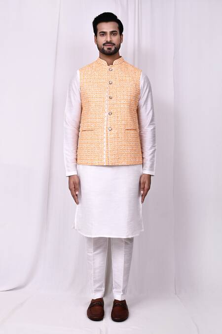 Arihant Rai Sinha_Orange Cotton Embroidery Geometric Thread Bundi _Online_at_Aza_Fashions