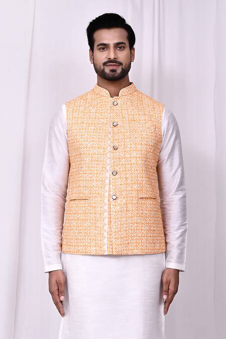 Buy_Arihant Rai Sinha_Orange Cotton Embroidery Geometric Thread Bundi _Online_at_Aza_Fashions