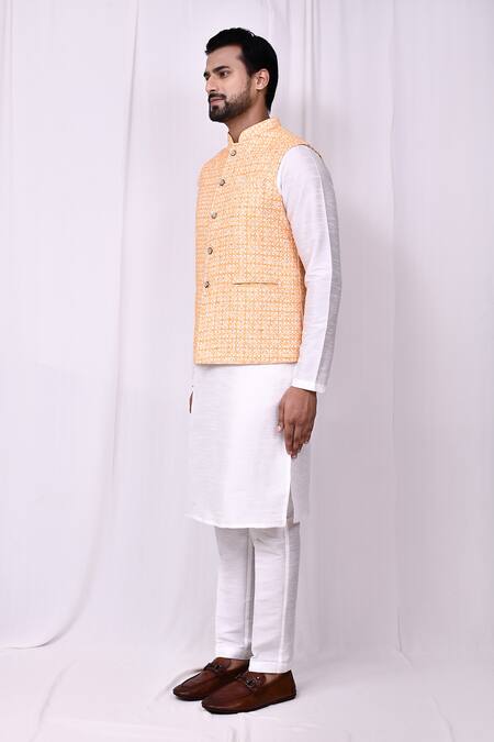 Shop_Arihant Rai Sinha_Orange Cotton Embroidery Geometric Thread Bundi _Online_at_Aza_Fashions