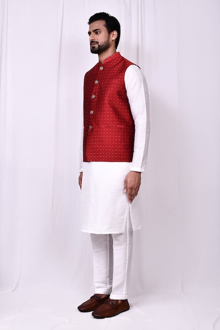 Shop_Arihant Rai Sinha_Red Silk Embroidery Threadwork Bundi _Online_at_Aza_Fashions