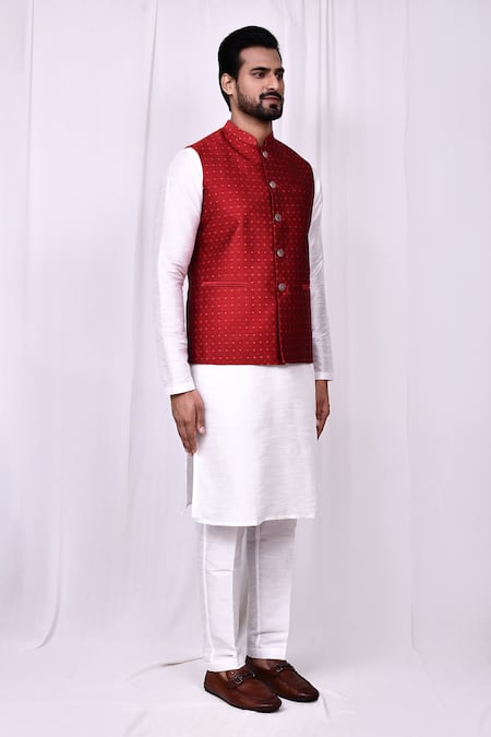 Arihant Rai Sinha_Red Silk Embroidery Threadwork Bundi _at_Aza_Fashions