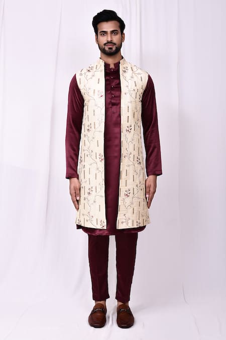 Arihant Rai Sinha_Cream Silk Embroidery, Mirrors Thread Long Jacket _Online_at_Aza_Fashions