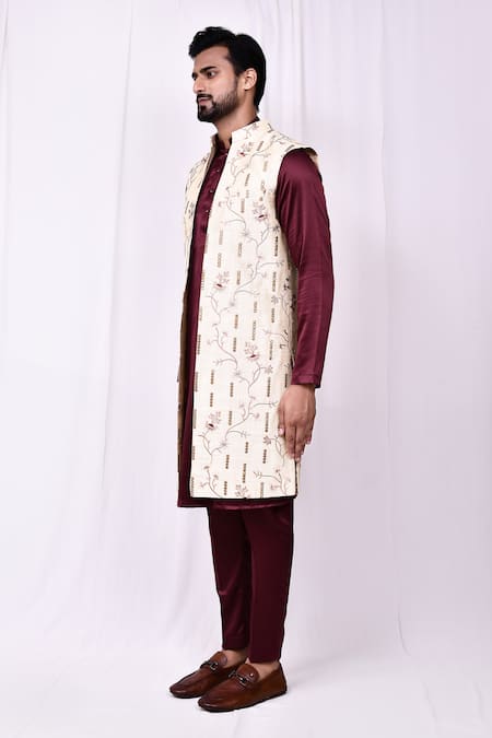 Shop_Arihant Rai Sinha_Cream Silk Embroidery, Mirrors Thread Long Jacket _Online_at_Aza_Fashions