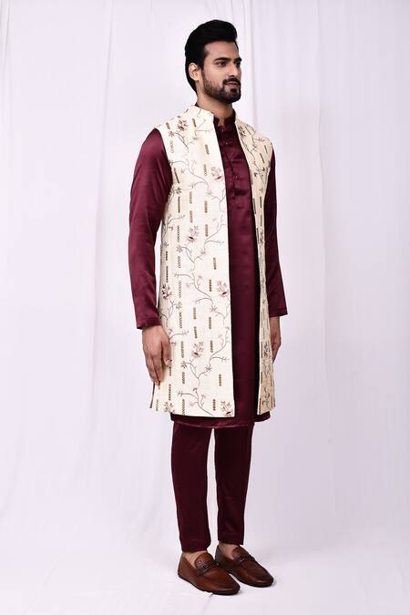 Arihant Rai Sinha_Cream Silk Embroidery, Mirrors Thread Long Jacket _at_Aza_Fashions