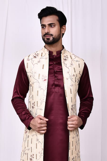 Shop Arihant Rai Sinha Cream Silk Embroidery, Mirrors Thread Long Jacket Shop_Arihant Rai Sinha_Cream Silk Embroidery, Mirrors Thread Long Jacket