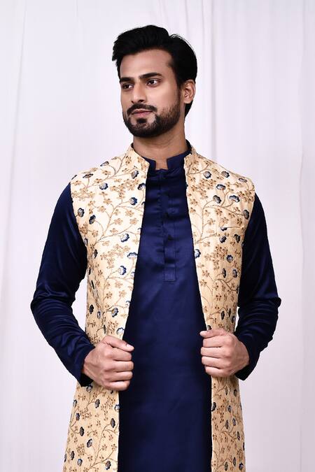 Shop Arihant Rai Sinha Beige Silk Embroidery Vine Long Jacket Shop_Arihant Rai Sinha_Beige Silk Embroidery Vine Long Jacket