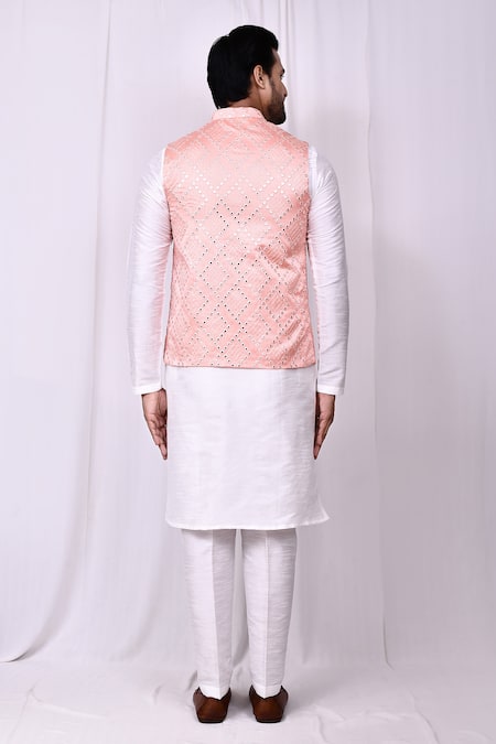 Shop_Arihant Rai Sinha_White Silk Embroidery, Mirrors Bundi Kurta Set _at_Aza_Fashions