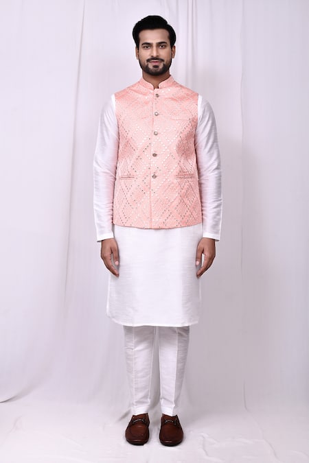 Shop_Arihant Rai Sinha_White Silk Embroidery, Mirrors Bundi Kurta Set _Online_at_Aza_Fashions