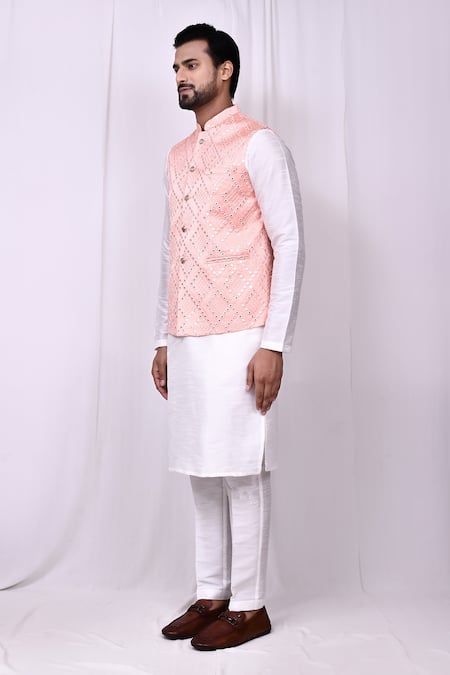 Buy_Arihant Rai Sinha_White Silk Embroidery, Mirrors Bundi Kurta Set 