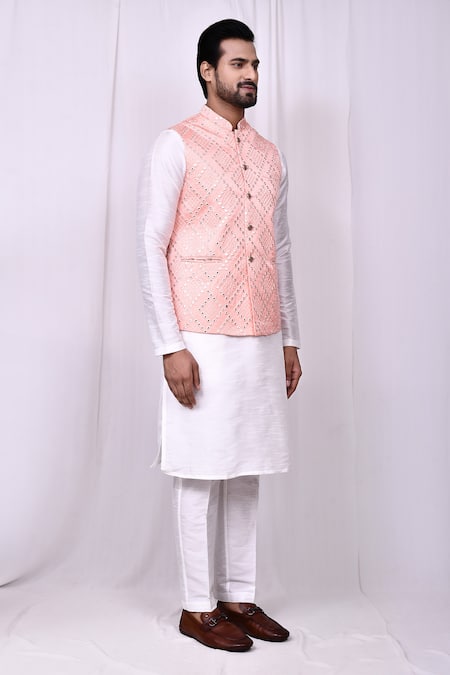 Shop Arihant Rai Sinha White Silk Embroidery, Mirrors Bundi Kurta Set Shop_Arihant Rai Sinha_White Silk Embroidery, Mirrors Bundi Kurta Set