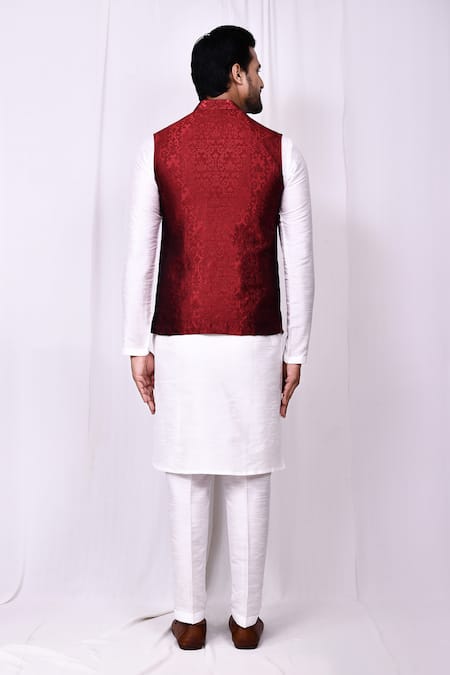 Shop_Arihant Rai Sinha_Maroon Jacquard, Silk Embroidery Floral Woven Bundi Kurta Set _at_Aza_Fashions